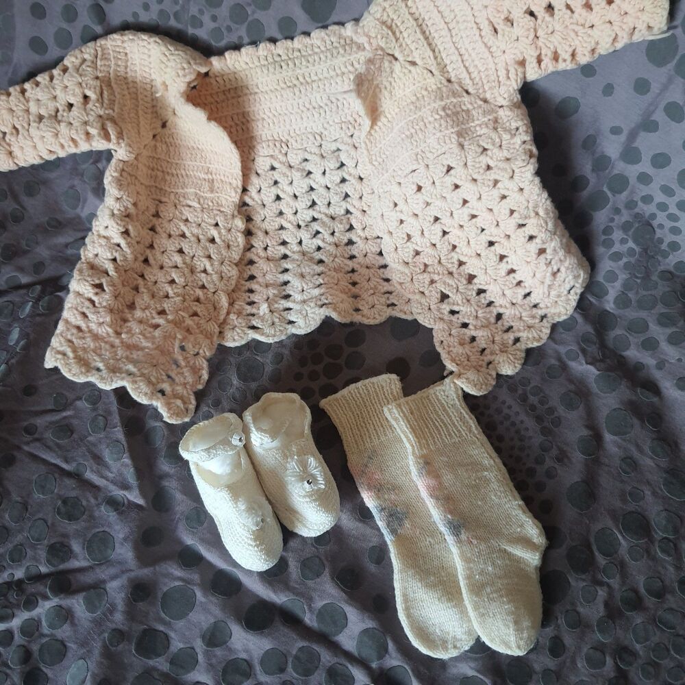 Vintage Knitted Booties Socks Sweater Baby Girl Size 3-6 Months Pink Cardigan